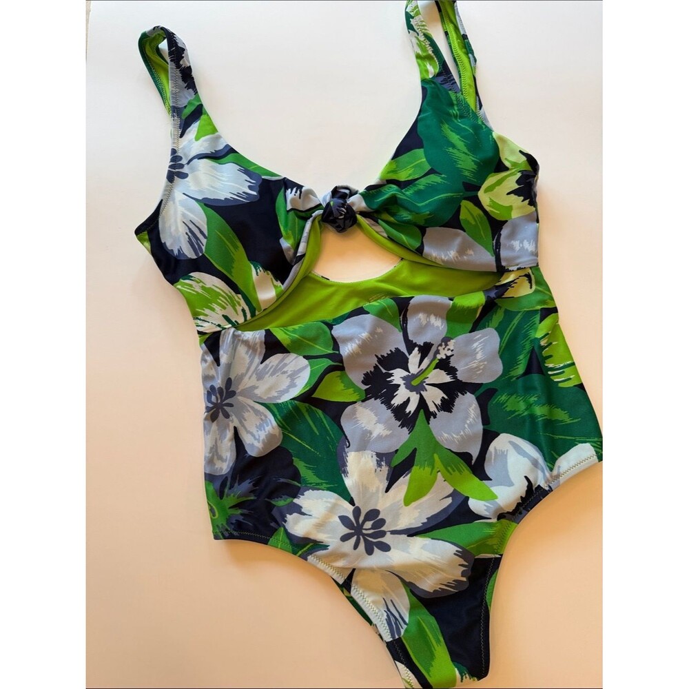 AERIE Green Blue Floral One-Piece Swimsuit with Front Knot